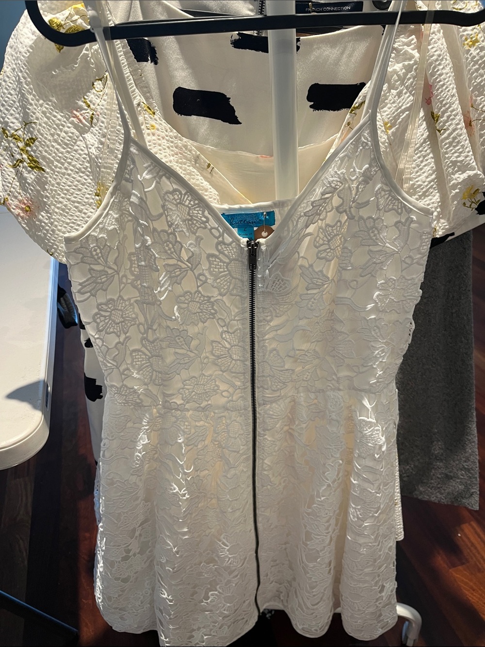 buttons White Lace Mini Dress with Front Zip